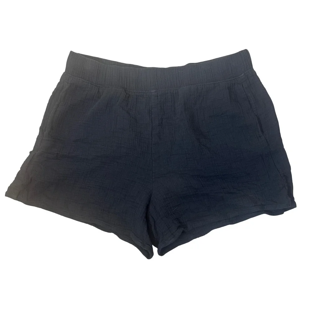LL Bean Black Double Gauze Cotton Crinkle Pull On Shorts Women's Size M